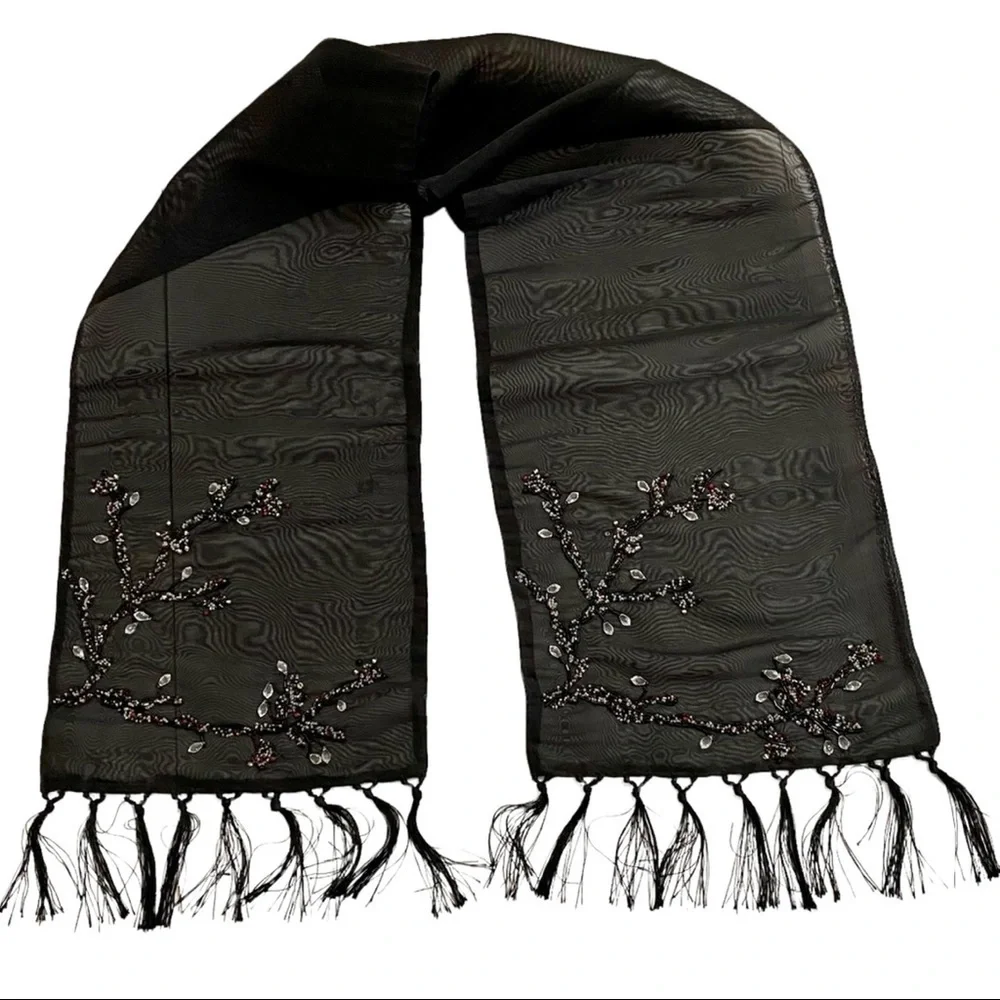 Black Embellished Table Runner OS Beaded Fringes Boho Goth Whimsy Sheer